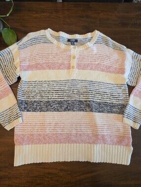 Chaps Striped Knit Henley Sweater Medium Pink Blue Cream Linen Cotton Blend